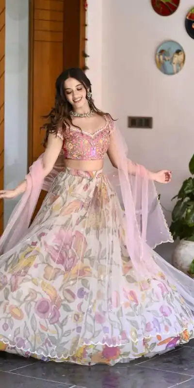 BB 26 Peach Chinon Silk Lehenga Choli with Sequins Work & Embroidery Work. Available at ₹2999 only. Delivery 4-6 Working Days. Shop now. | Bollywood Lehenga, Creative Lehenga, Designer Lehenga, Embroidered Lehenga, Lehenga, Party Wear Lehenga