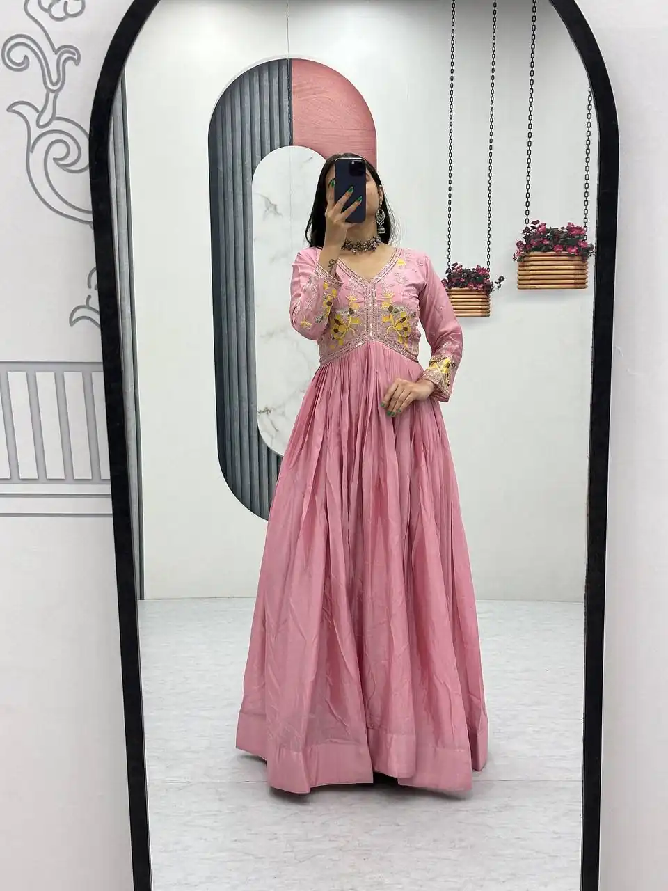 PC 542 Peach Color Chinon Gown with Thread & Embroidery Work. Available at ₹1749 only. Delivery 4-6 Working Days. Shop now. | Bollywood Gowns, Creative Gowns, Designer Gowns, Embroidered Gowns, Gowns, Party Wear Gowns