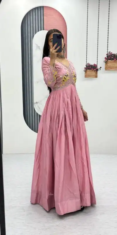 PC 542 Peach Color Chinon Gown with Thread & Embroidery Work. Available at ₹1749 only. Delivery 4-6 Working Days. Shop now. | Bollywood Gowns, Creative Gowns, Designer Gowns, Embroidered Gowns, Gowns, Party Wear Gowns