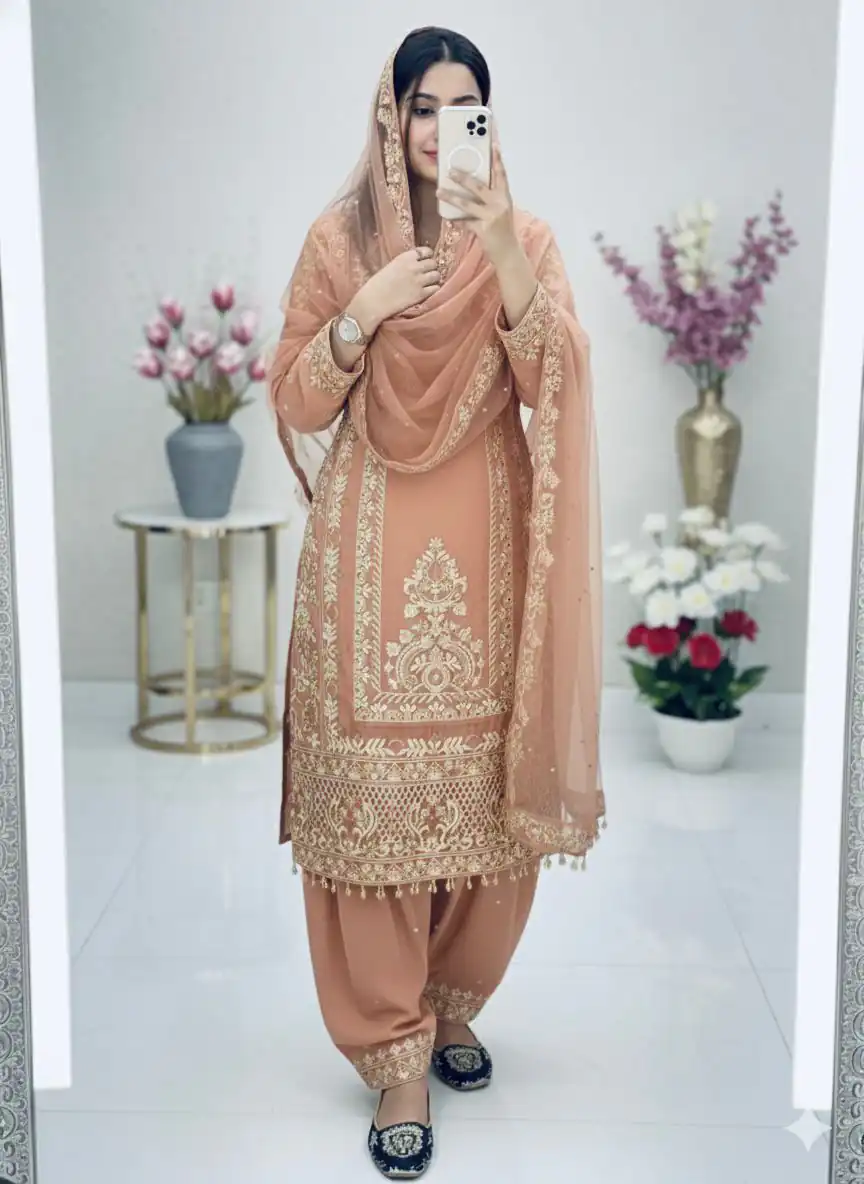 KF 1716 Peach in Color Faux Georgette Embroidery Work Salwar Suit . Exclusive Offer ₹2099. Delivery 4-6 Working Days. Shop now. | Jump Suits, Straight Suits, Tops & Bottoms, Track Suits, Trendy Wear, Casual Suits, Creative suits, Designer Suits, Palazzo Suits, Party Wear Suits, Patiala Suits, Salwar suit