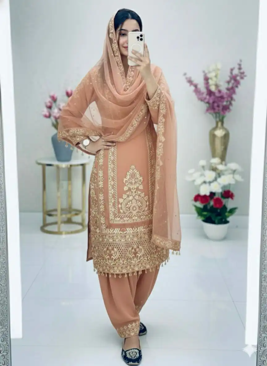KF 1716 Peach in Color Faux Georgette Embroidery Work Salwar Suit . Exclusive Offer ₹2099. Delivery 4-6 Working Days. Shop now. | Jump Suits, Straight Suits, Tops & Bottoms, Track Suits, Trendy Wear, Casual Suits, Creative suits, Designer Suits, Palazzo Suits, Party Wear Suits, Patiala Suits, Salwar suit
