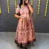MF 666 Peach Malai Satin Gown with Digital Print & Kalamkari Print. Now at just ₹1499. Delivery 4-6 Working Days. Shop now. | Bollywood Gowns, Creative Gowns, Designer Gowns, Embroidered Gowns, Gowns, Party Wear Gowns