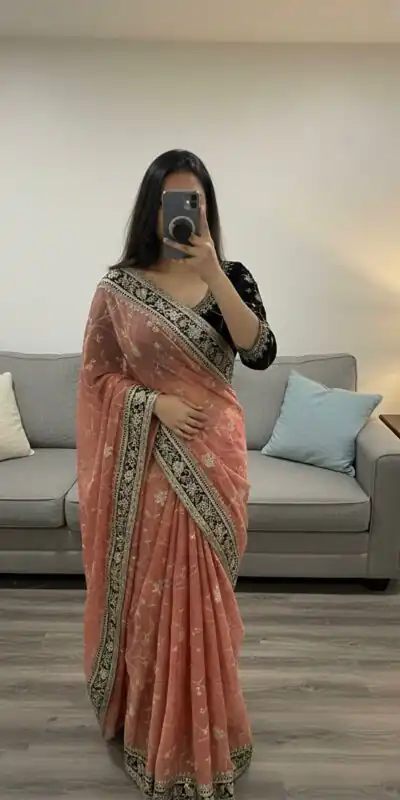 NC 5534 Peach Moss Silk Saree Perfect for Wedding, Party, Ganesh Chaturthi, Karwa Chauth, Haldi – . Introductory Price ₹2049. Delivery 4-6 Working Days. | Bollywood Sarees, Creative Sarees, Designer Sarees, Embroidered Sarees, Ethnic Saree, Modern Digital sarees, Party Wear Sarees, Sarees