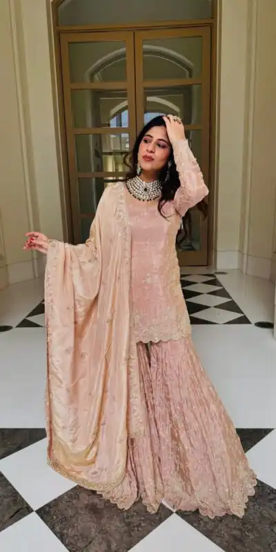 NSR 1704 Peach Color Simar Silk Salwar Suit with Embroidery Work. Now at just ₹2399. Delivery 4-6 Working Days. Shop now. | Jump Suits, Straight Suits, Casual Suits, Creative suits, Designer Suits, Palazzo Suits, Party Wear Suits, Patiala Suits, Salwar suit