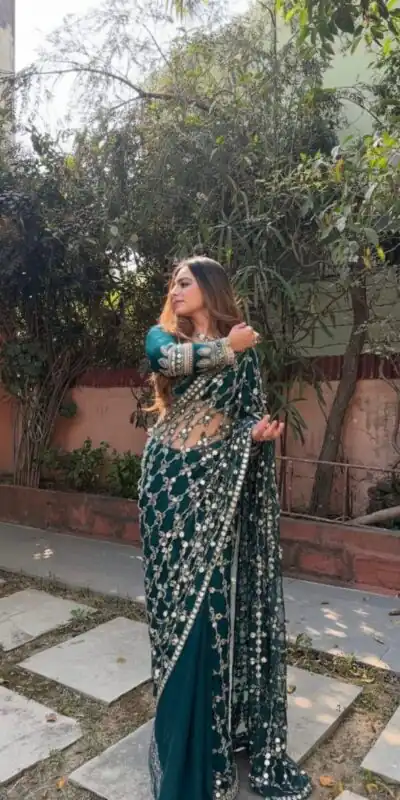 SRK 5322 Peacock Blue Fendy Silk Saree Lace Work & Mirror Work. Wedding, Party, Festive, Events, Festive Deal ₹2499. Delivery 4-6 Working Days. Shop now. | Bollywood Sarees, Creative Sarees, Designer Sarees, Embroidered Sarees, Ethnic Saree, Modern Digital sarees, Party Wear Sarees, Sarees