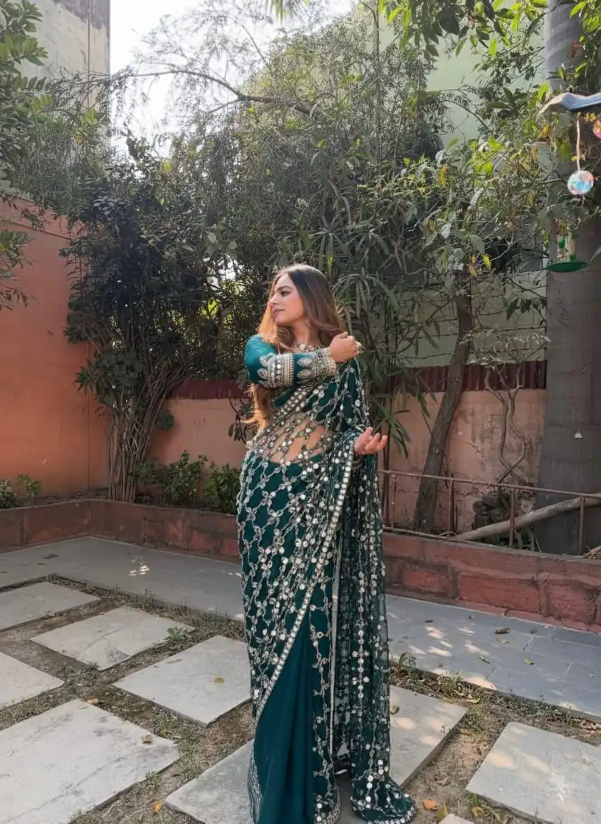 SRK 5322 Peacock Blue Fendy Silk Saree Lace Work & Mirror Work. Wedding, Party, Festive, Events, Festive Deal ₹2499. Delivery 4-6 Working Days. Shop now. | Bollywood Sarees, Creative Sarees, Designer Sarees, Embroidered Sarees, Ethnic Saree, Modern Digital sarees, Party Wear Sarees, Sarees