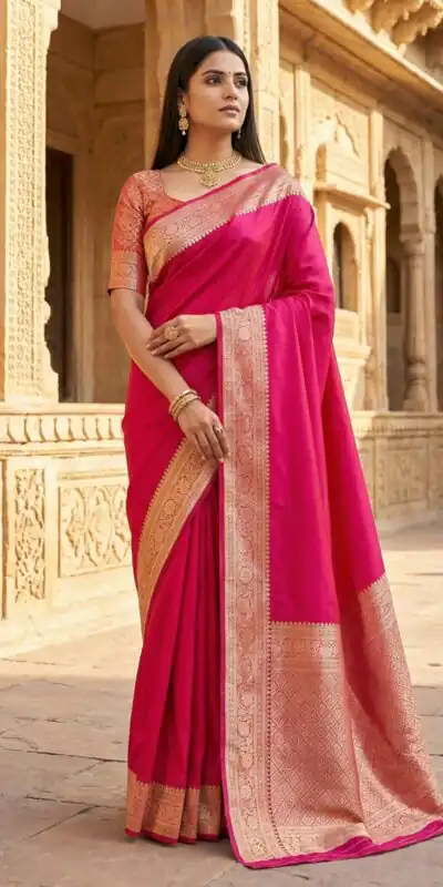 MB 3322 Pink in Color Banarasi Silk Zari Work & Lace Work Saree . Now at just ₹1899. Delivery 4-6 Working Days. Shop now. | Bollywood Sarees, Creative Sarees, Designer Sarees, Embroidered Sarees, Ethnic Saree, Modern Digital sarees, Party Wear Sarees, Sarees