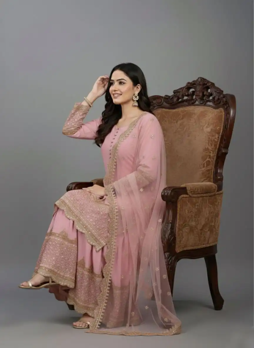 ZF 250 Pink Color Faux Georgette Embroidery Sequence Work Sharara Suit Wedding, Party, Festive, Events Etc. Expected Delivery 4-6 Working Days @2099/- | Jump Suits, Straight Suits, Casual Suits, Creative suits, Designer Suits, Palazzo Suits, Party Wear Suits, Patiala Suits, Salwar suit