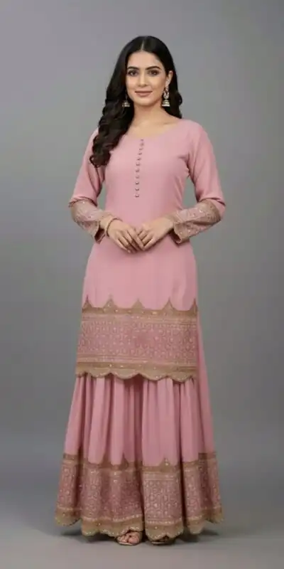 ZF 250 Pink Color Faux Georgette Embroidery Sequence Work Sharara Suit Wedding, Party, Festive, Events Etc. Expected Delivery 4-6 Working Days @2099/- | Jump Suits, Straight Suits, Casual Suits, Creative suits, Designer Suits, Palazzo Suits, Party Wear Suits, Patiala Suits, Salwar suit