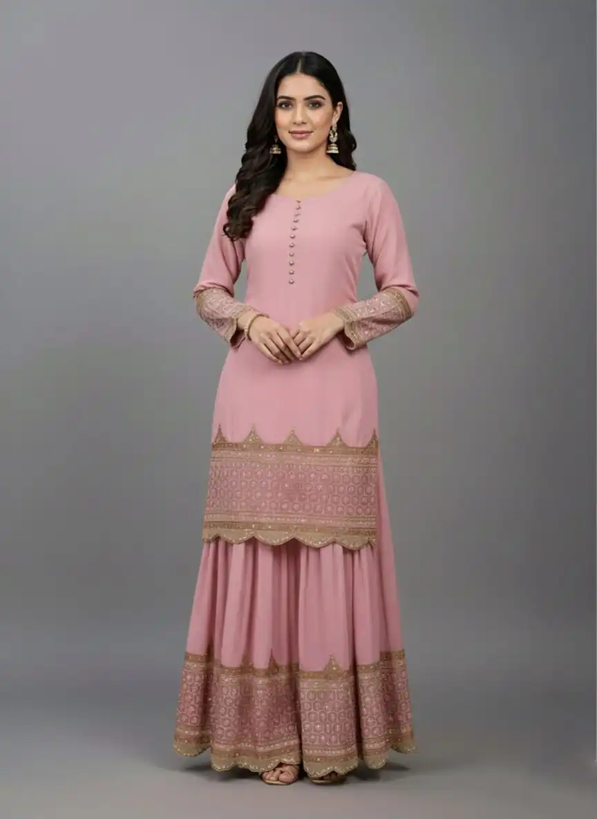 ZF 250 Pink Color Faux Georgette Embroidery Sequence Work Sharara Suit Wedding, Party, Festive, Events Etc. Expected Delivery 4-6 Working Days @2099/- | Jump Suits, Straight Suits, Casual Suits, Creative suits, Designer Suits, Palazzo Suits, Party Wear Suits, Patiala Suits, Salwar suit