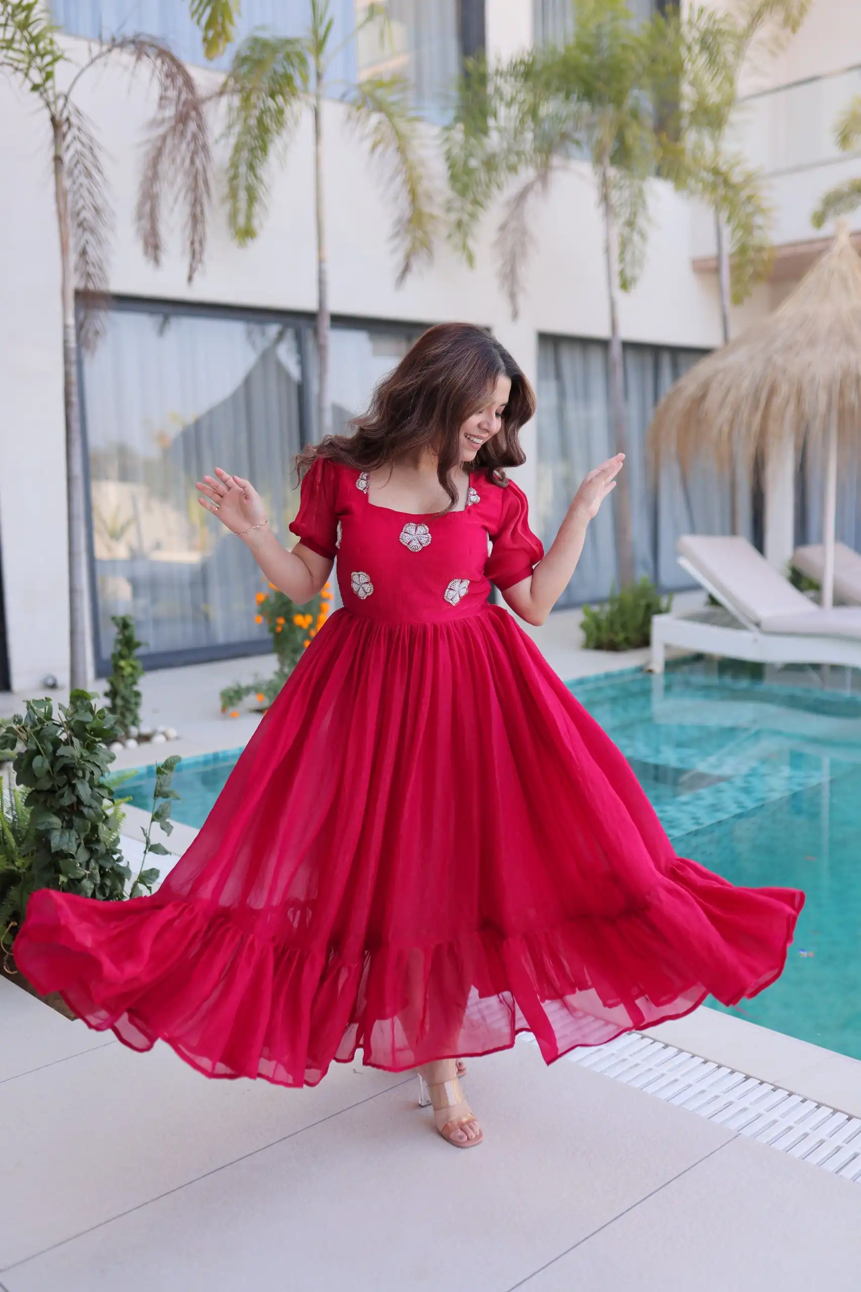 KA 1224 Pink Color Fendi Silk Gown with Embroidery Work & Bead Work. Get it for ₹1769. Delivery 4-6 Working Days. Shop now. | Bollywood Gowns, Creative Gowns, Designer Gowns, Embroidered Gowns, Gowns, Party Wear Gowns