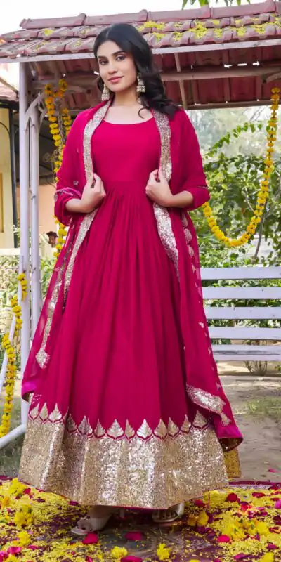 Ram 157 Pink Fox Georgette Gown Perfect for Wedding, Party, Ethnic Day, Pongal, Durga Puja – . Affordable Price ₹2149. Delivery 4-6 Working Days. | Bollywood Gowns, Creative Gowns, Designer Gowns, Embroidered Gowns, Gowns, Party Wear Gowns