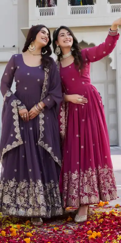 Ram 0153 Pink in Fox Georgette. Embroidery Work Gown Wedding, Party, Festive, Events Get it for ₹2049. Delivery 4-6 Working Days. Shop now. | Bollywood Gowns, Creative Gowns, Designer Gowns, Embroidered Gowns, Gowns, Party Wear Gowns