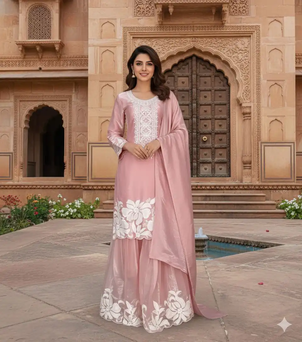 BE 442 Pink Organza Silk Salwar Suit with Embroidery Work & Cowrie Work. Grab it for ₹2049. Delivery 4-6 Working Days. Shop now. | Jump Suits, Straight Suits, Casual Suits, Creative suits, Designer Suits, Palazzo Suits, Party Wear Suits, Patiala Suits, Salwar suit