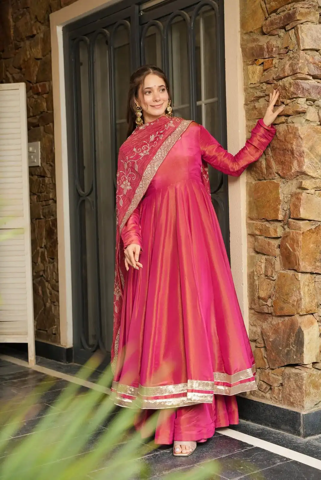 SRK 5289 Pink Roman Simmer Silk Border Work Gown. Wedding, Party, Festive, Events Grab it for ₹1649. Delivery 4-6 Working Days. Shop now. | Bollywood Gowns, Creative Gowns, Designer Gowns, Embroidered Gowns, Gowns, Party Wear Gowns