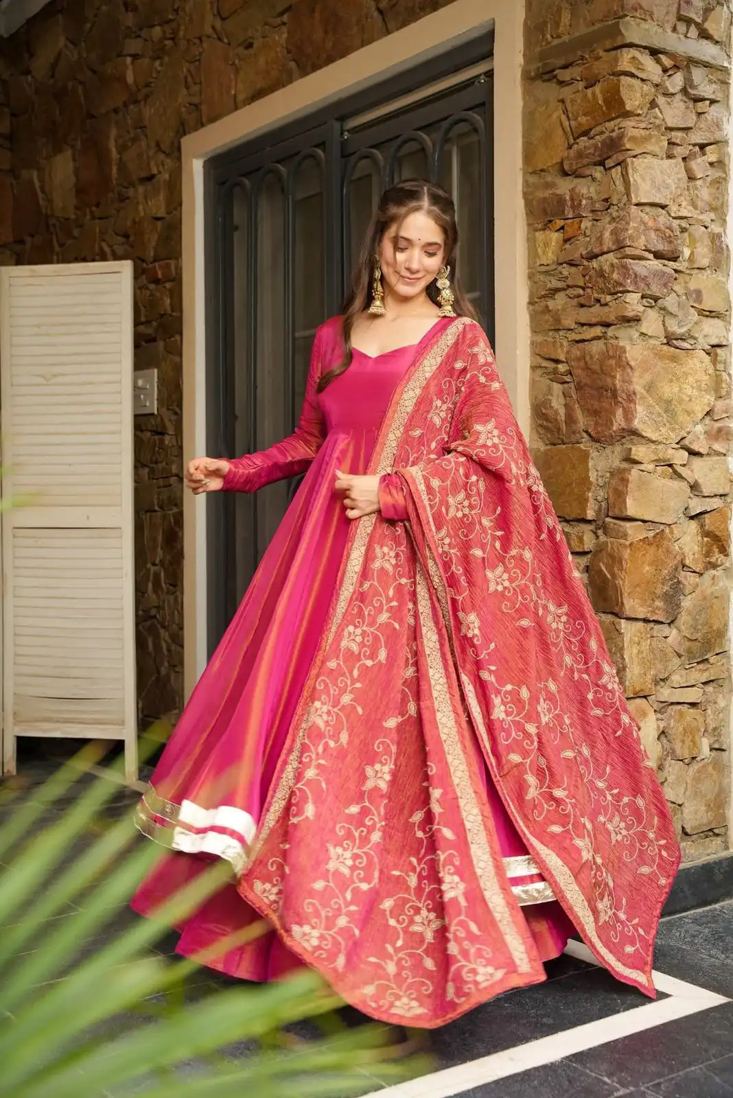 SRK 5289 Pink Roman Simmer Silk Border Work Gown. Wedding, Party, Festive, Events Grab it for ₹1649. Delivery 4-6 Working Days. Shop now. | Bollywood Gowns, Creative Gowns, Designer Gowns, Embroidered Gowns, Gowns, Party Wear Gowns