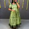 MF 666 Pista Malai Satin Gown with Digital Print & Kalamkari Print. Now at just ₹1499. Delivery 4-6 Working Days. Shop now. | Bollywood Gowns, Creative Gowns, Designer Gowns, Embroidered Gowns, Gowns, Party Wear Gowns