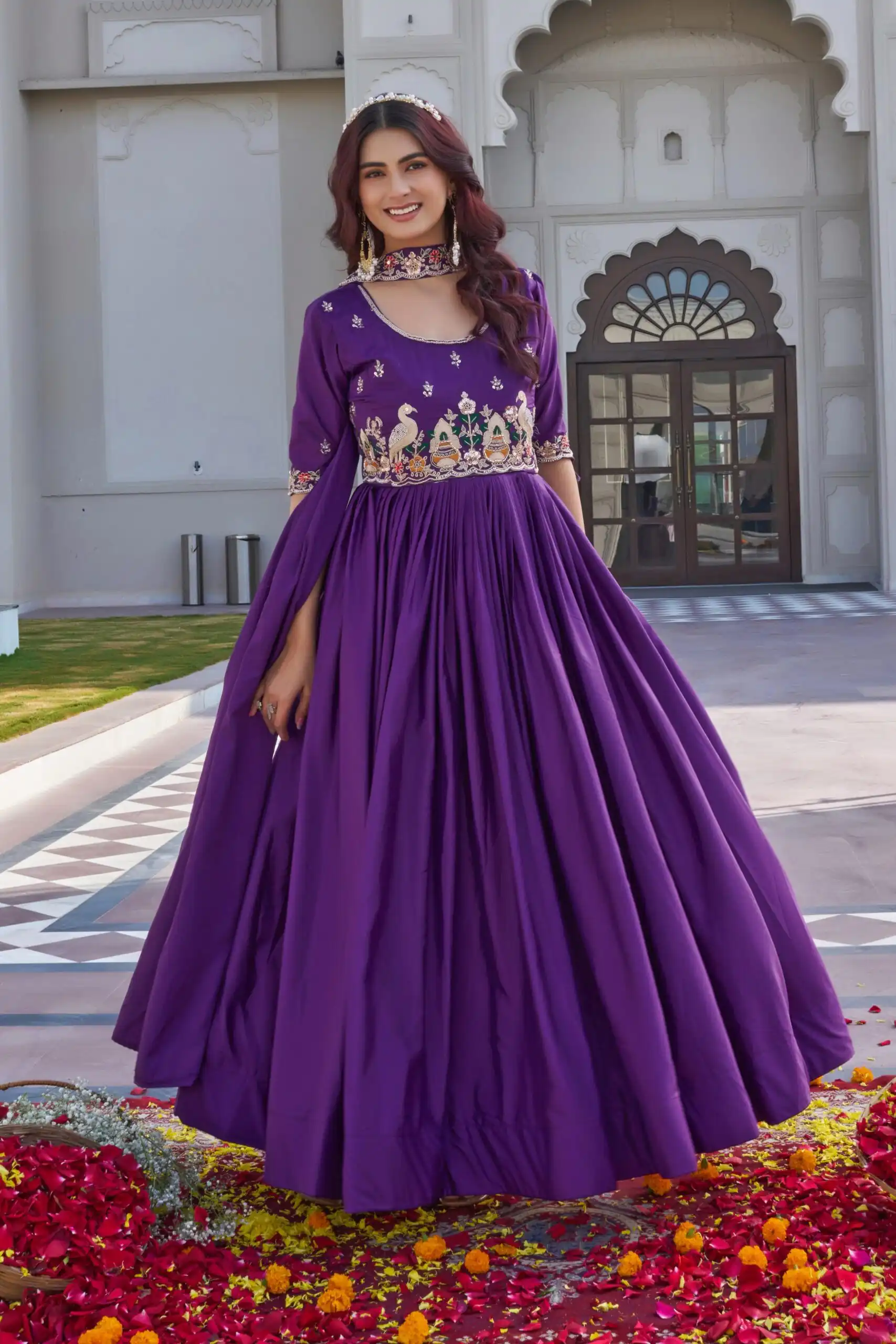 Ram 152 Purple Crap Silk Gown Perfect for Wedding, Party, Durga Puja, Temple Visit, Raksha Bandhan – . Available at ₹1899 only. Delivery 4-6 Working Days | Bollywood Gowns, Creative Gowns, Designer Gowns, Embroidered Gowns, Gowns, Party Wear Gowns