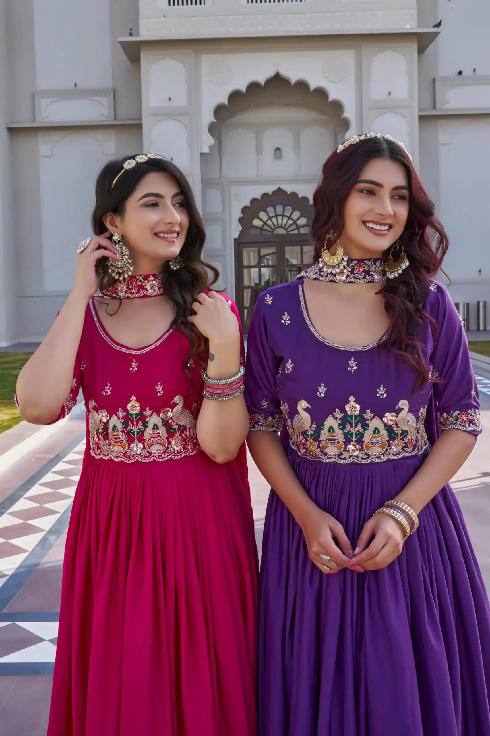 Ram 152 Purple Crap Silk Gown Perfect for Wedding, Party, Durga Puja, Temple Visit, Raksha Bandhan – . Available at ₹1899 only. Delivery 4-6 Working Days | Bollywood Gowns, Creative Gowns, Designer Gowns, Embroidered Gowns, Gowns, Party Wear Gowns