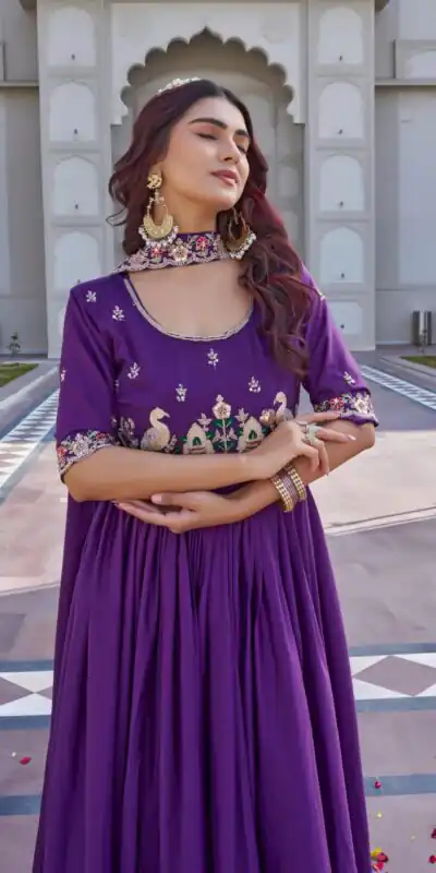Ram 152 Purple Crap Silk Gown Perfect for Wedding, Party, Durga Puja, Temple Visit, Raksha Bandhan – . Available at ₹1899 only. Delivery 4-6 Working Days | Bollywood Gowns, Creative Gowns, Designer Gowns, Embroidered Gowns, Gowns, Party Wear Gowns
