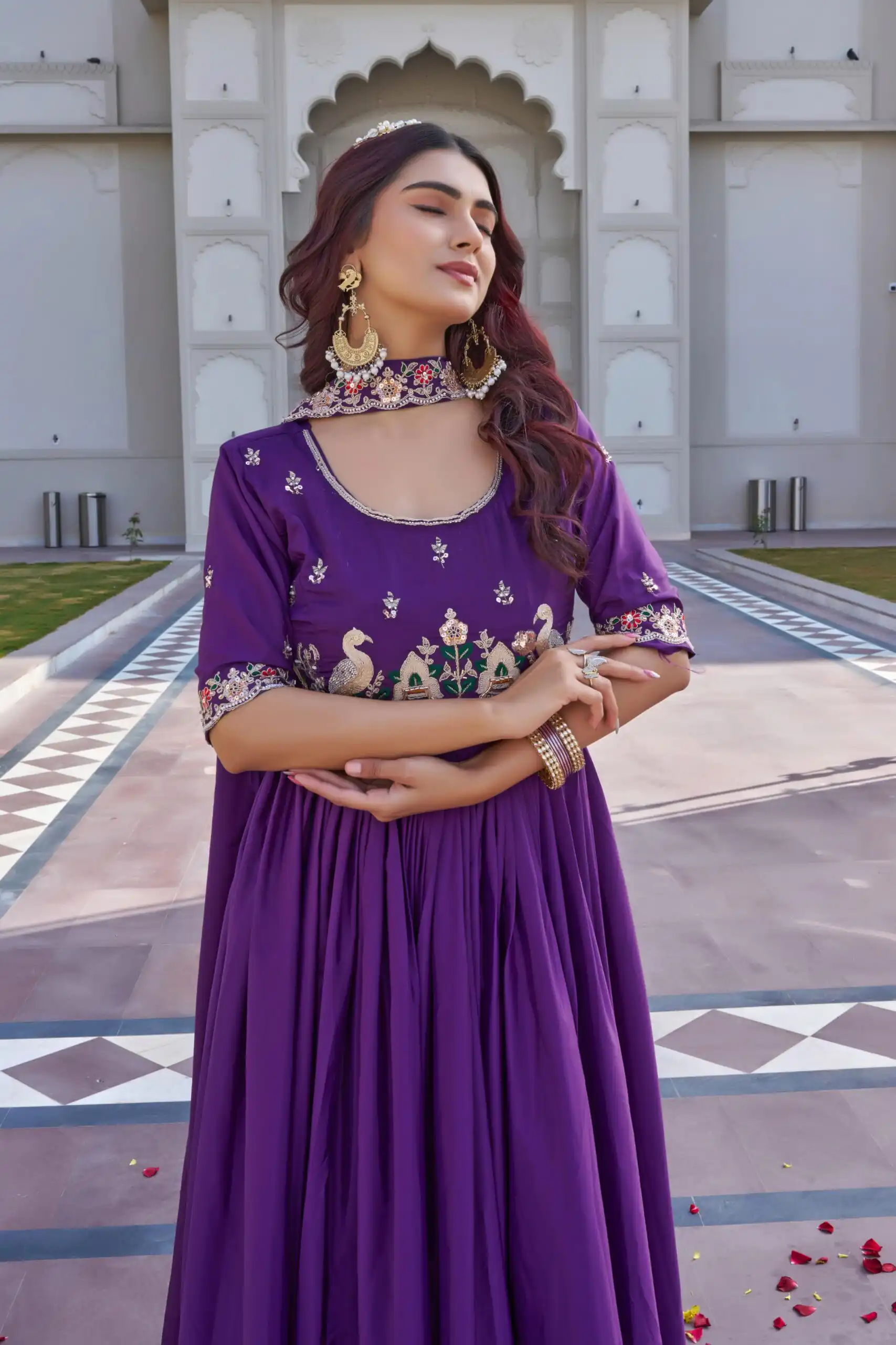 Ram 152 Purple Crap Silk Gown Perfect for Wedding, Party, Durga Puja, Temple Visit, Raksha Bandhan – . Available at ₹1899 only. Delivery 4-6 Working Days | Bollywood Gowns, Creative Gowns, Designer Gowns, Embroidered Gowns, Gowns, Party Wear Gowns