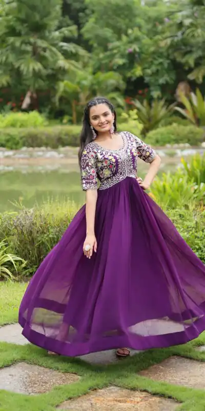 KA 1110 Purple Faux Blooming Gown Perfect for Wedding, Party, Holi, Lohri, Baby Shower – . Introductory Price ₹1649. Delivery 4-6 Working Days. Shop no | Bollywood Gowns, Creative Gowns, Designer Gowns, Embroidered Gowns, Gowns, Party Wear Gowns