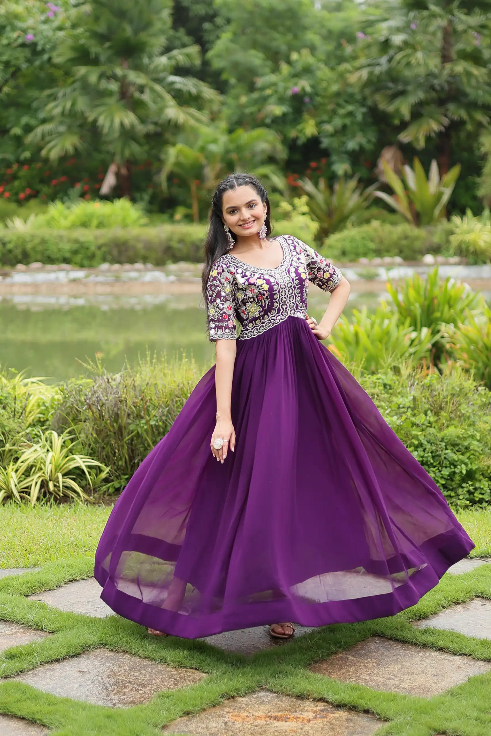 KA 1110 Purple Faux Blooming Gown Perfect for Wedding, Party, Holi, Lohri, Baby Shower – . Introductory Price ₹1649. Delivery 4-6 Working Days. Shop no | Bollywood Gowns, Creative Gowns, Designer Gowns, Embroidered Gowns, Gowns, Party Wear Gowns