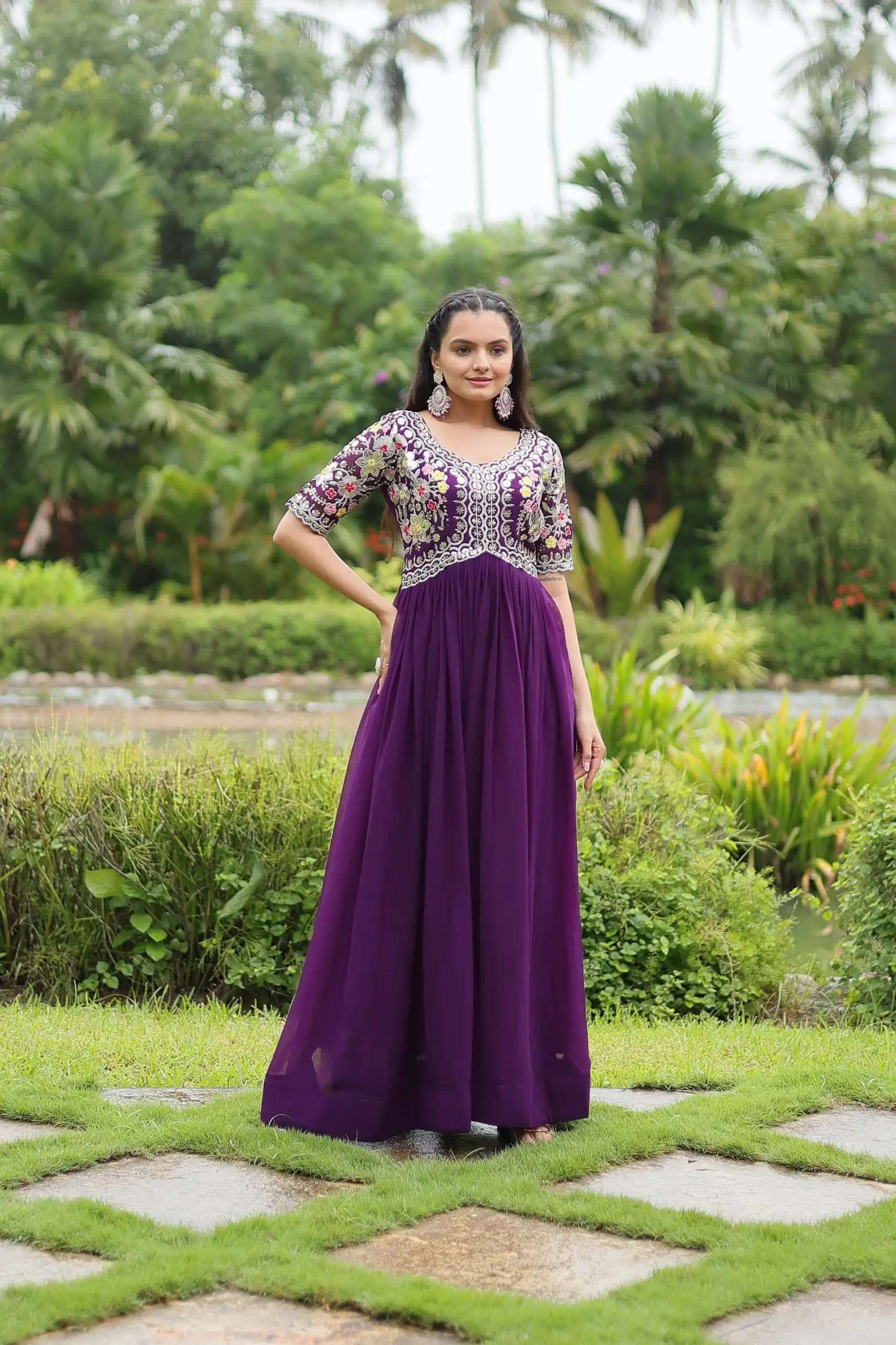 KA 1110 Purple Faux Blooming Gown Perfect for Wedding, Party, Holi, Lohri, Baby Shower – . Introductory Price ₹1649. Delivery 4-6 Working Days. Shop no | Bollywood Gowns, Creative Gowns, Designer Gowns, Embroidered Gowns, Gowns, Party Wear Gowns