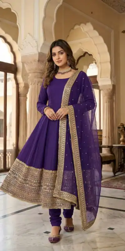 ZSR 3152 Purple Color Roman silk Gown with Embroidery Work & Lace Work. Grab it for ₹2599. Delivery 4-6 Working Days. Shop now. | Bollywood Gowns, Creative Gowns, Designer Gowns, Embroidered Gowns, Gowns, Party Wear Gowns