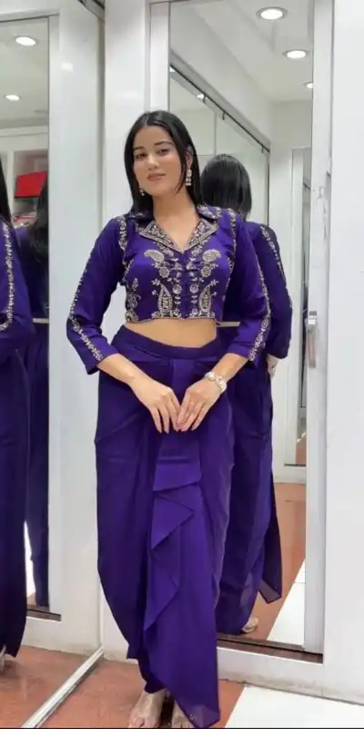 BB 44 Purple Soft Chinon Silk Perfect for Wedding, Party, Durga Puja, Diwali, Holi –Dhoti Suit. Introductory Price ₹2099. Delivery 4-6 Working Days | Jump Suits, Straight Suits, Casual Suits, Creative suits, Designer Suits, Palazzo Suits, Party Wear Suits, Patiala Suits, Salwar suit