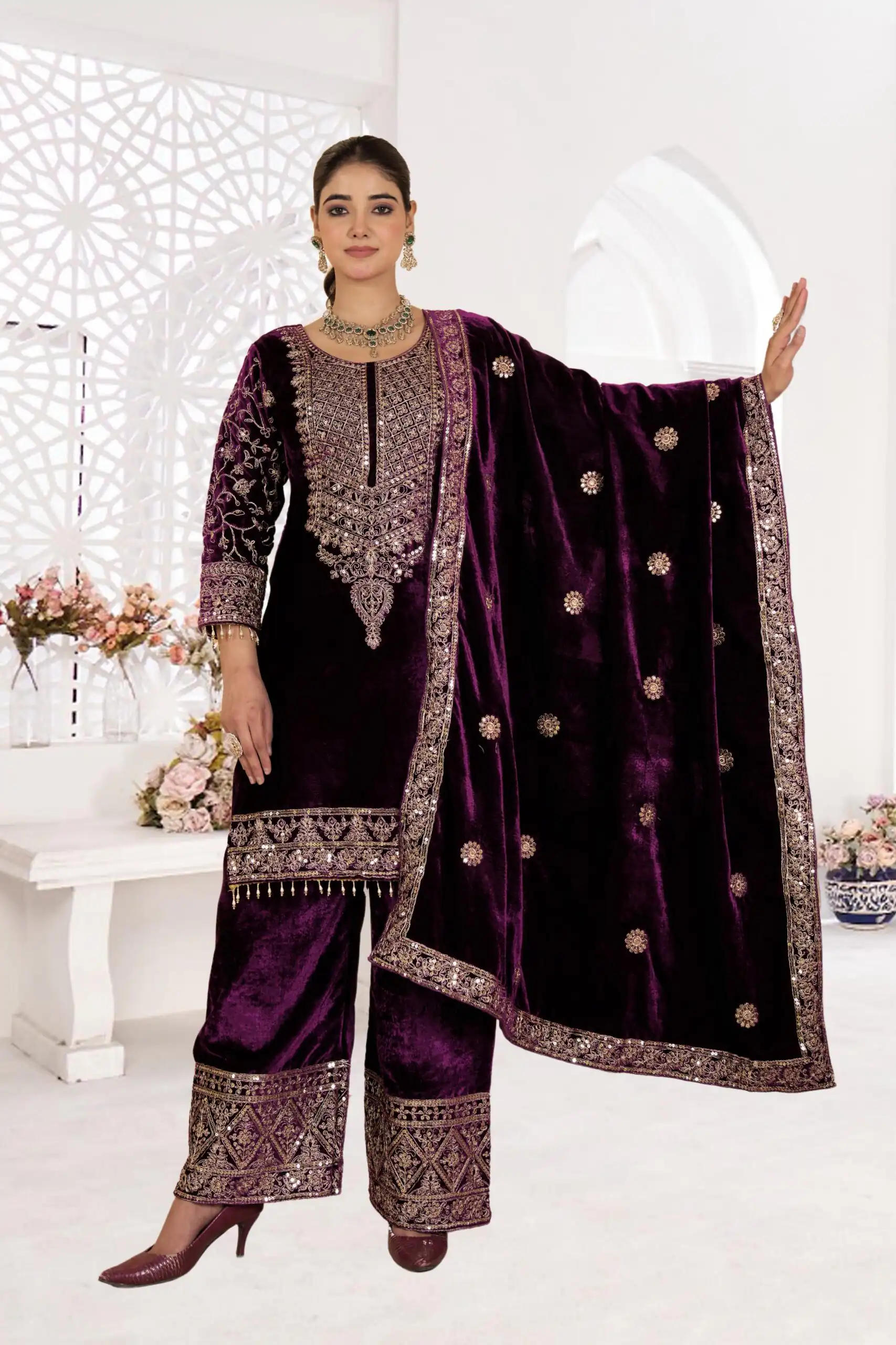 NF 1231 Purple Viscose Velvet Salwar Suit. Perfect for Wedding, Party, Traditional Day, Baisakhi, Eid – Available at ₹2399 only. Delivery 4-6 Workin | Jump Suits, Straight Suits, Casual Suits, Creative suits, Designer Suits, Palazzo Suits, Party Wear Suits, Patiala Suits, Salwar suit