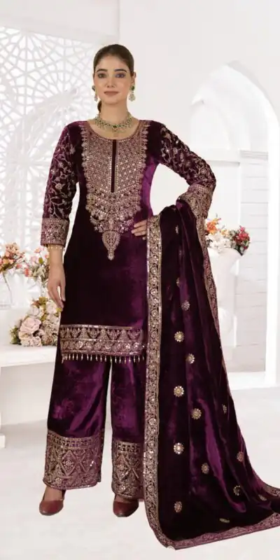 NF 1231 Purple Viscose Velvet Salwar Suit. Perfect for Wedding, Party, Traditional Day, Baisakhi, Eid – Available at ₹2399 only. Delivery 4-6 Workin | Jump Suits, Straight Suits, Casual Suits, Creative suits, Designer Suits, Palazzo Suits, Party Wear Suits, Patiala Suits, Salwar suit