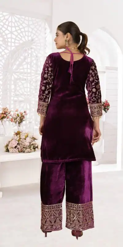NF 1231 Purple Viscose Velvet Salwar Suit. Perfect for Wedding, Party, Traditional Day, Baisakhi, Eid – Available at ₹2399 only. Delivery 4-6 Workin | Jump Suits, Straight Suits, Casual Suits, Creative suits, Designer Suits, Palazzo Suits, Party Wear Suits, Patiala Suits, Salwar suit