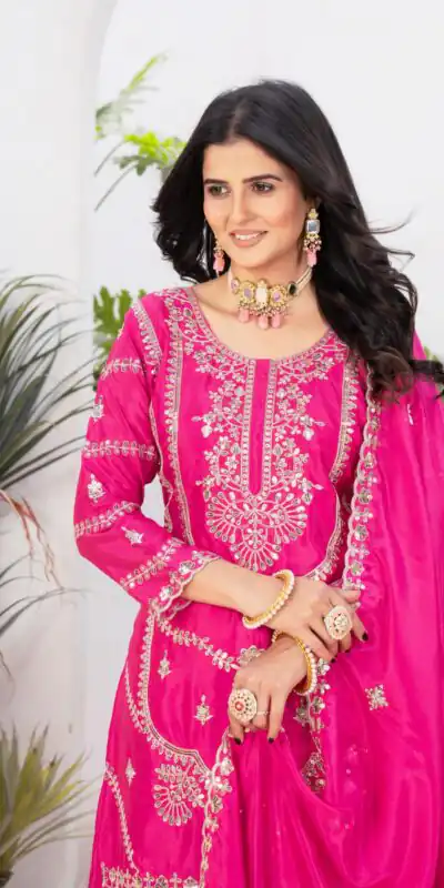 ND 5033 Rani Pink Chinon Silk Salwar Suit with Embroidery Work & Lace Work. Affordable Price ₹2149. Delivery 4-6 Working Days. Shop now. | Jump Suits, Straight Suits, Casual Suits, Creative suits, Designer Suits, Palazzo Suits, Party Wear Suits, Patiala Suits, Salwar suit