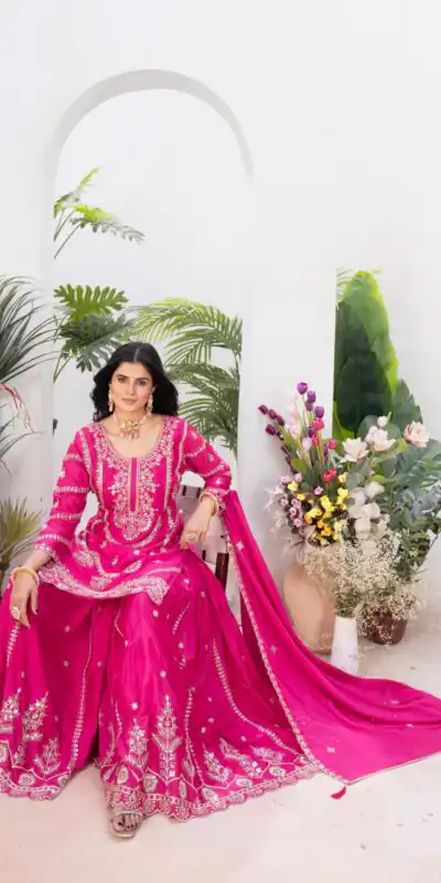 ND 5033 Rani Pink Chinon Silk Salwar Suit with Embroidery Work & Lace Work. Affordable Price ₹2149. Delivery 4-6 Working Days. Shop now. | Jump Suits, Straight Suits, Casual Suits, Creative suits, Designer Suits, Palazzo Suits, Party Wear Suits, Patiala Suits, Salwar suit