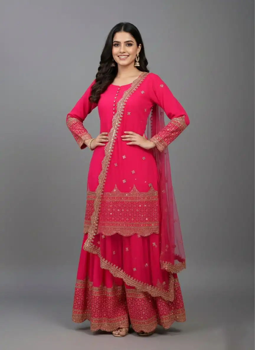 ZF 250 Rani Pink Color Faux Georgette Embroidery Sequence Work Sharara Suit Wedding, Party, Festive, Events Etc. Expected Delivery 4-6 Working Days @2099/- | Jump Suits, Straight Suits, Casual Suits, Creative suits, Designer Suits, Palazzo Suits, Party Wear Suits, Patiala Suits, Salwar suit