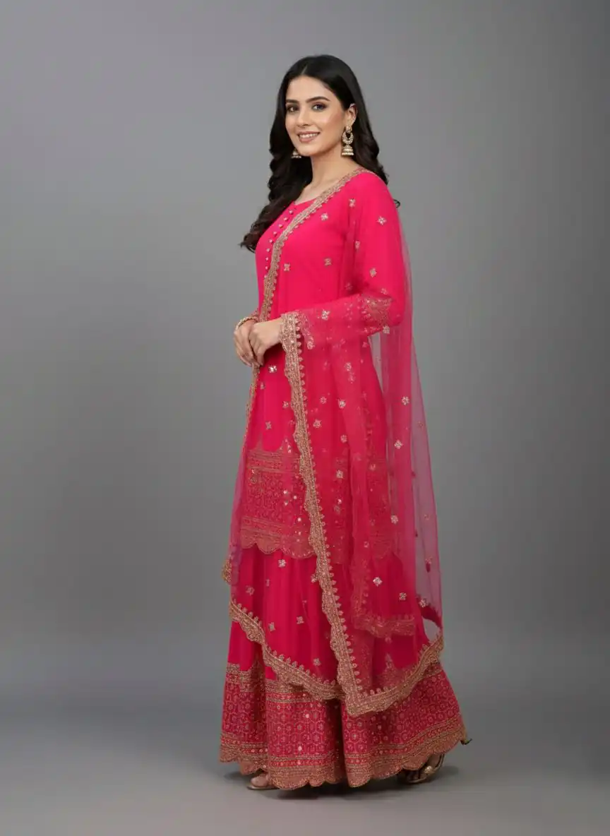 ZF 250 Rani Pink Color Faux Georgette Embroidery Sequence Work Sharara Suit Wedding, Party, Festive, Events Etc. Expected Delivery 4-6 Working Days @2099/- | Jump Suits, Straight Suits, Casual Suits, Creative suits, Designer Suits, Palazzo Suits, Party Wear Suits, Patiala Suits, Salwar suit