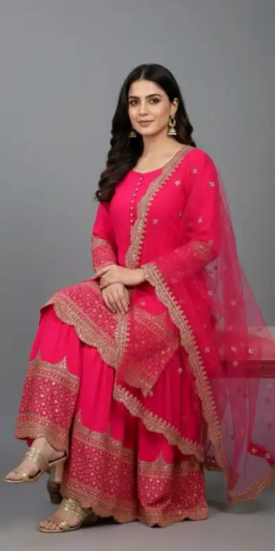 ZF 250 Rani Pink Color Faux Georgette Embroidery Sequence Work Sharara Suit Wedding, Party, Festive, Events Etc. Expected Delivery 4-6 Working Days @2099/- | Jump Suits, Straight Suits, Casual Suits, Creative suits, Designer Suits, Palazzo Suits, Party Wear Suits, Patiala Suits, Salwar suit