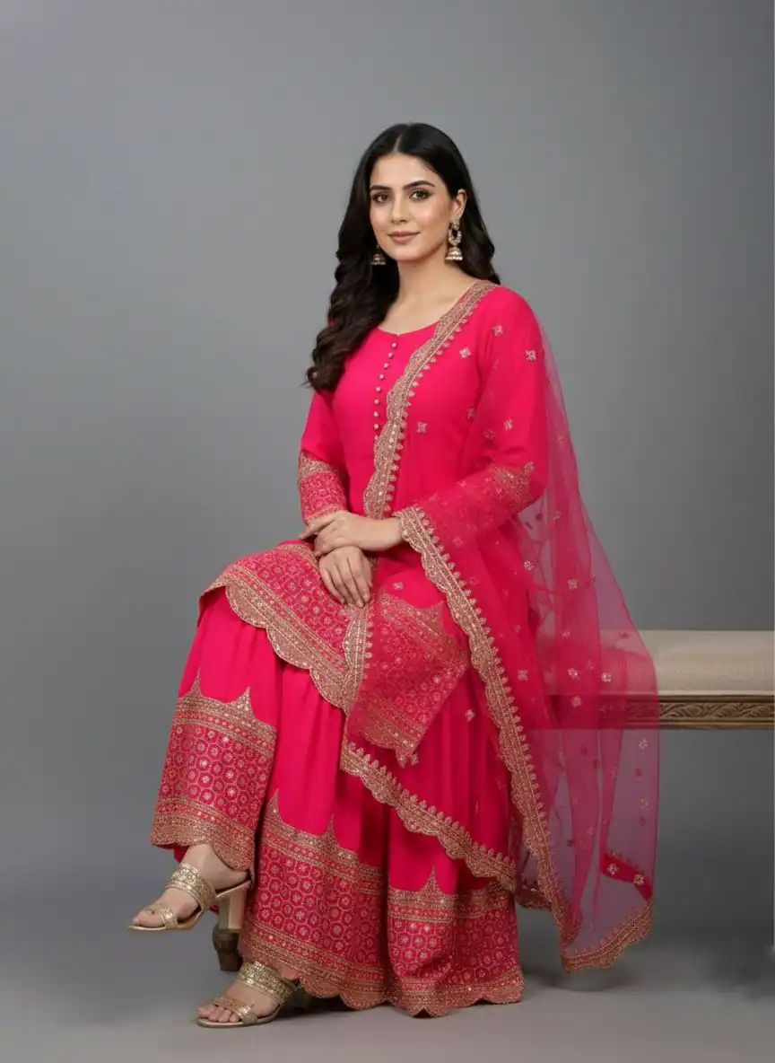 ZF 250 Rani Pink Color Faux Georgette Embroidery Sequence Work Sharara Suit Wedding, Party, Festive, Events Etc. Expected Delivery 4-6 Working Days @2099/- | Jump Suits, Straight Suits, Casual Suits, Creative suits, Designer Suits, Palazzo Suits, Party Wear Suits, Patiala Suits, Salwar suit