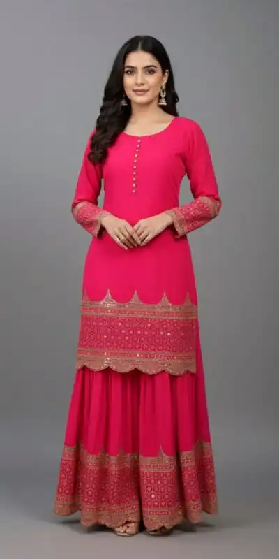 ZF 250 Rani Pink Color Faux Georgette Embroidery Sequence Work Sharara Suit Wedding, Party, Festive, Events Etc. Expected Delivery 4-6 Working Days @2099/- | Jump Suits, Straight Suits, Casual Suits, Creative suits, Designer Suits, Palazzo Suits, Party Wear Suits, Patiala Suits, Salwar suit