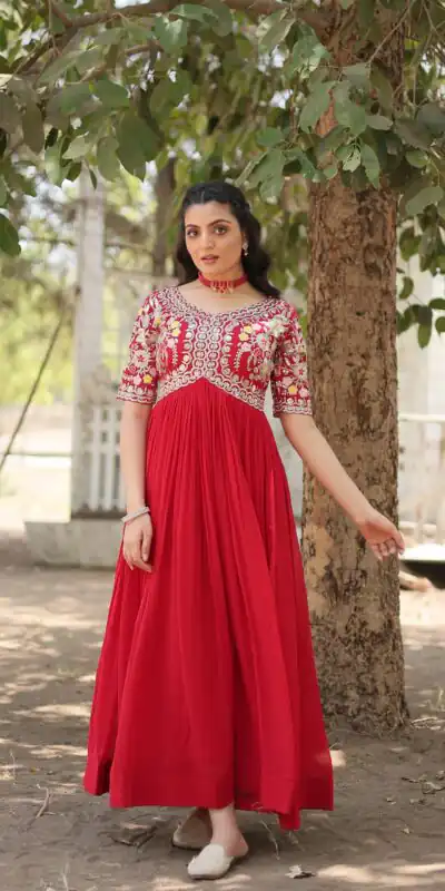 KA 1110 Red Faux Blooming Gown Perfect for Wedding, Party, Holi, Lohri, Baby Shower – . Introductory Price ₹1649. Delivery 4-6 Working Days. Shop no | Bollywood Gowns, Creative Gowns, Designer Gowns, Embroidered Gowns, Gowns, Party Wear Gowns