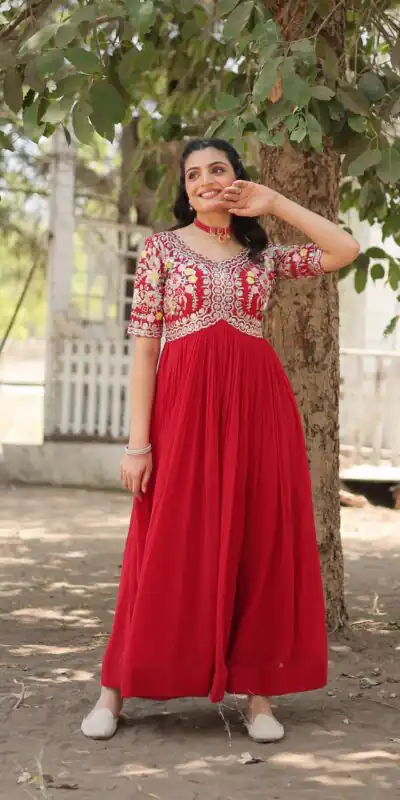 KA 1110 Red Faux Blooming Gown Perfect for Wedding, Party, Holi, Lohri, Baby Shower – . Introductory Price ₹1649. Delivery 4-6 Working Days. Shop no | Bollywood Gowns, Creative Gowns, Designer Gowns, Embroidered Gowns, Gowns, Party Wear Gowns