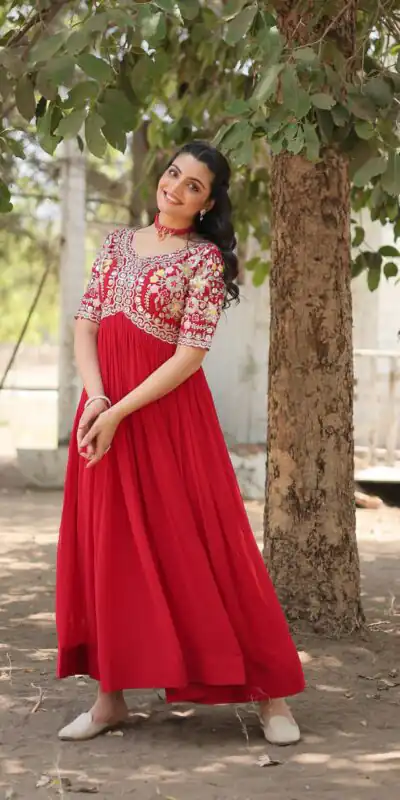KA 1110 Red Faux Blooming Gown Perfect for Wedding, Party, Holi, Lohri, Baby Shower – . Introductory Price ₹1649. Delivery 4-6 Working Days. Shop no | Bollywood Gowns, Creative Gowns, Designer Gowns, Embroidered Gowns, Gowns, Party Wear Gowns