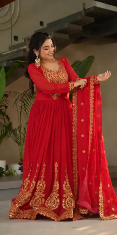 KA 1162 Red Faux Blooming Gown with Embroidery Work & Zari Work. Available at ₹2649 only. Delivery 4-6 Working Days. Shop now. | Bollywood Gowns, Creative Gowns, Designer Gowns, Embroidered Gowns, Gowns, Party Wear Gowns