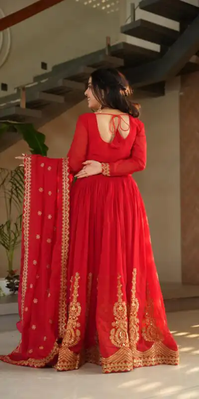 KA 1162 Red Faux Blooming Gown with Embroidery Work & Zari Work. Available at ₹2649 only. Delivery 4-6 Working Days. Shop now. | Bollywood Gowns, Creative Gowns, Designer Gowns, Embroidered Gowns, Gowns, Party Wear Gowns