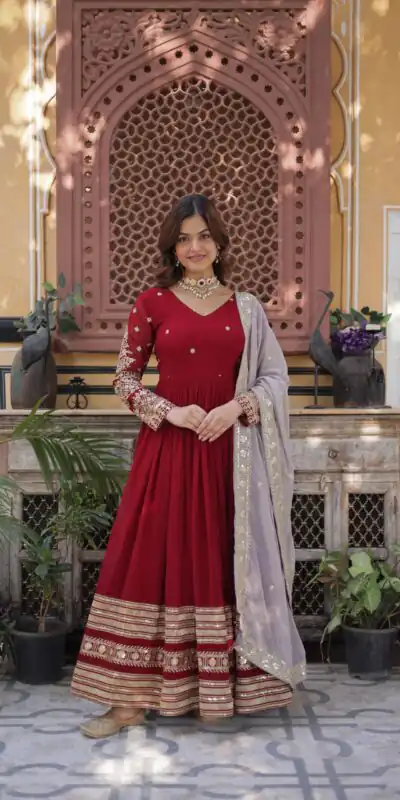 KA 1148 Red Color Faux Blooming Gown with Zari Work & Embroidery Work. Grab it for ₹1899. Delivery 4-6 Working Days. Shop now. | Bollywood Gowns, Creative Gowns, Designer Gowns, Embroidered Gowns, Gowns, Party Wear Gowns