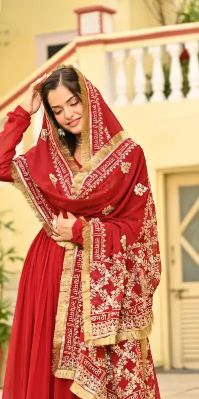 KA 1207 Red Faux Blooming Gown with Embroidery Work & Zari Work. Festive Deal ₹2649. Delivery 4-6 Working Days. Shop now. | Bollywood Gowns, Creative Gowns, Designer Gowns, Embroidered Gowns, Gowns, Party Wear Gowns