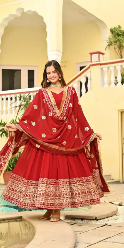 KA 1207 Red Faux Blooming Gown with Embroidery Work & Zari Work. Festive Deal ₹2649. Delivery 4-6 Working Days. Shop now. | Bollywood Gowns, Creative Gowns, Designer Gowns, Embroidered Gowns, Gowns, Party Wear Gowns