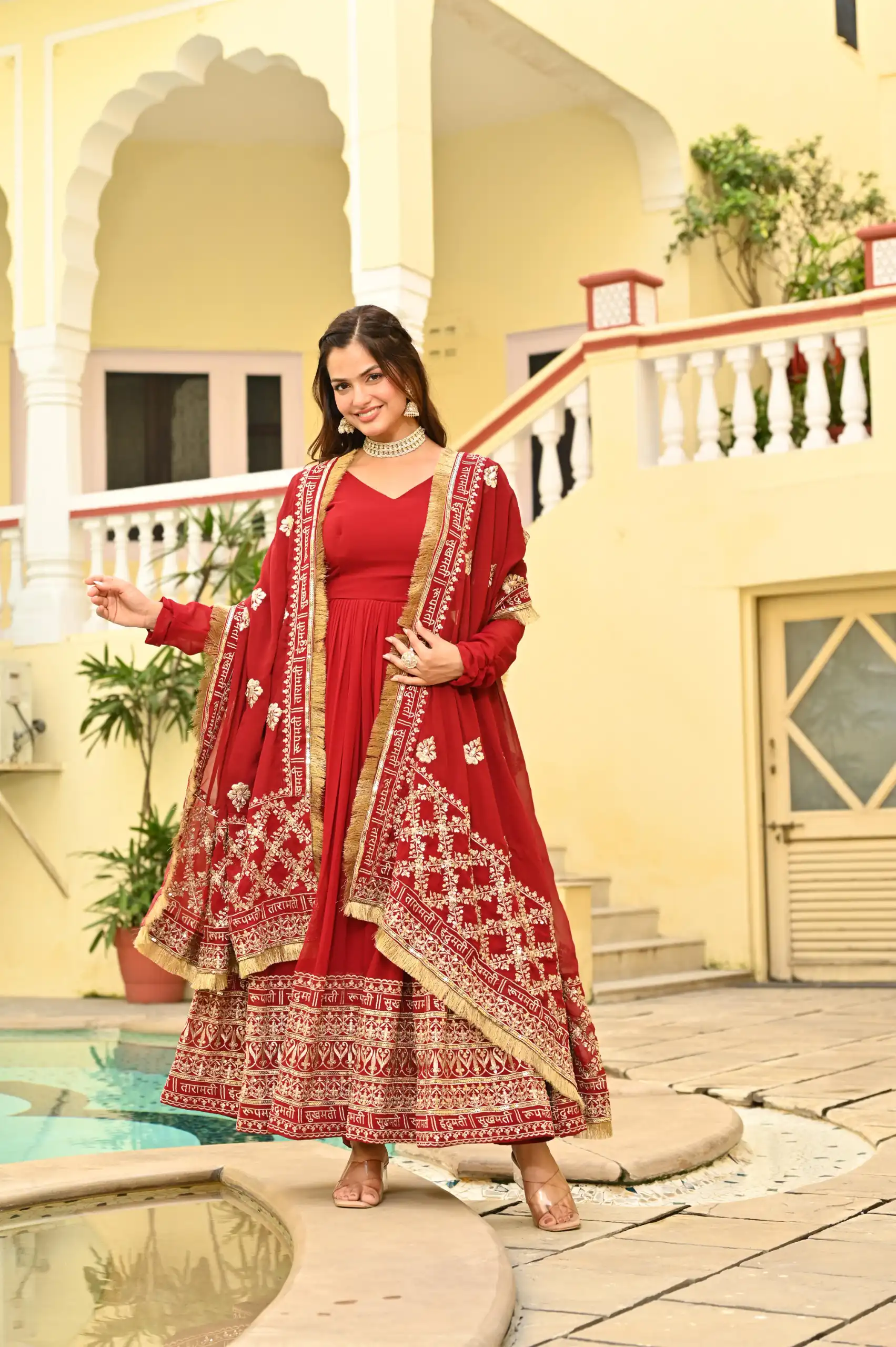 KA 1207 Red Faux Blooming Gown with Embroidery Work & Zari Work. Festive Deal ₹2649. Delivery 4-6 Working Days. Shop now. | Bollywood Gowns, Creative Gowns, Designer Gowns, Embroidered Gowns, Gowns, Party Wear Gowns