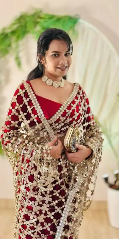 SRK 5322 Red Fendy Silk Saree with Lace Work & Mirror Work. Wedding, Party, Festive, Events, Festive Deal ₹2499. Delivery 4-6 Working Days. Shop now. | Bollywood Sarees, Creative Sarees, Designer Sarees, Embroidered Sarees, Ethnic Saree, Modern Digital sarees, Party Wear Sarees, Sarees